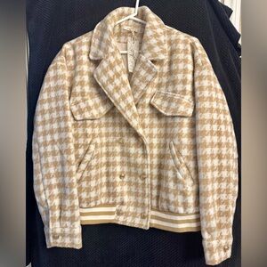 MYSTREE Houndstooth Varsity Bomber Style Jacket Latte Cream Color Medium 8/10